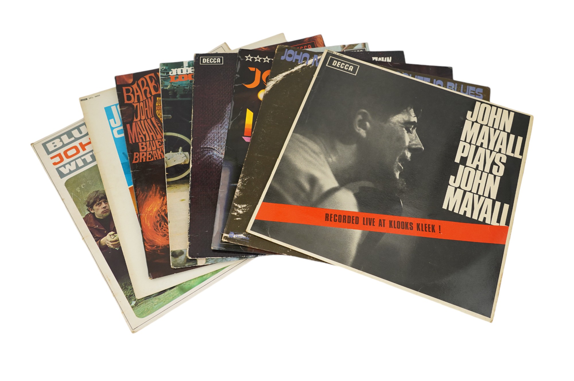 Eight John Mayall LP record albums; John Mayall Plays John Mayall Live at Klooks Kleek on Decca LK.4680, A Banquet in Blues, Live, Thru the Years, Looking Back, Barewires, Crusade, Blues Breakers. Condition - fair